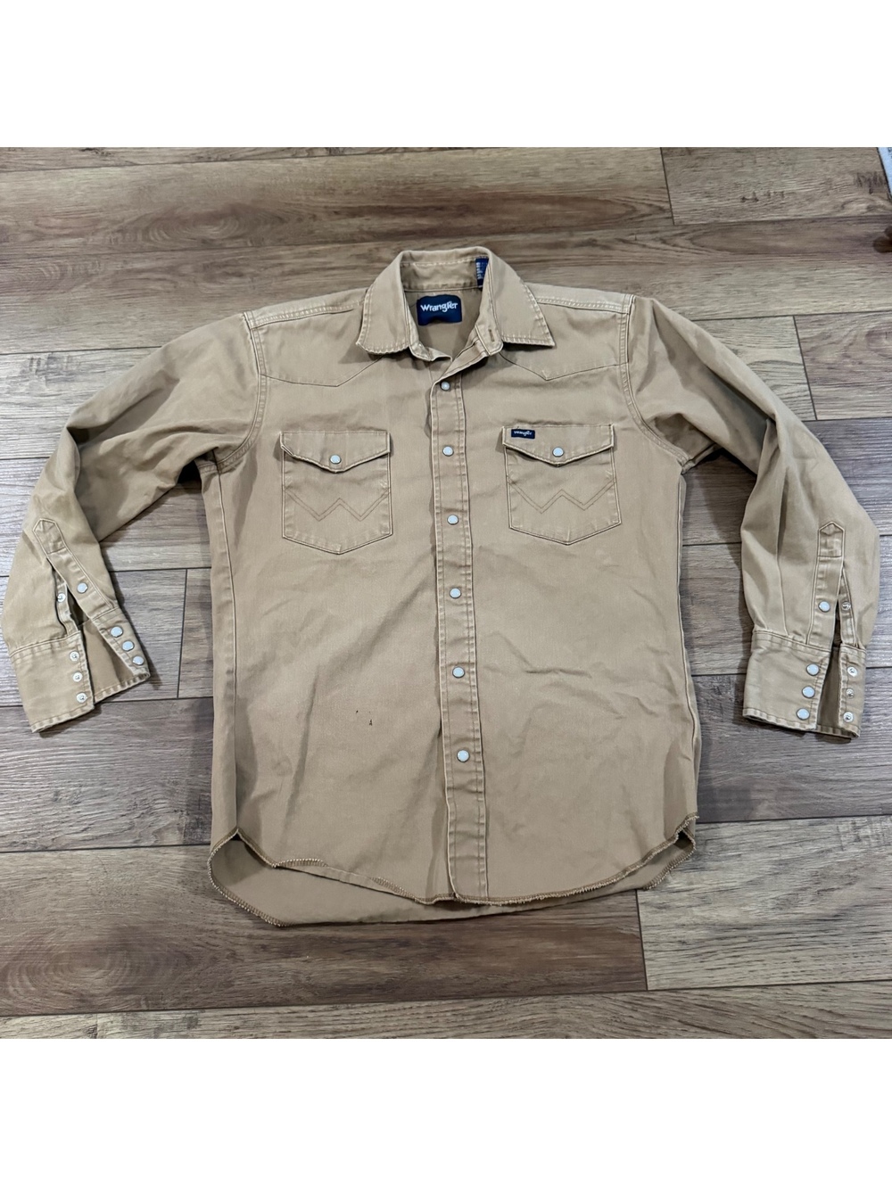 Vtg 90s Wrangler Western Pearl Snap Shirt Mens M Tan Canvas